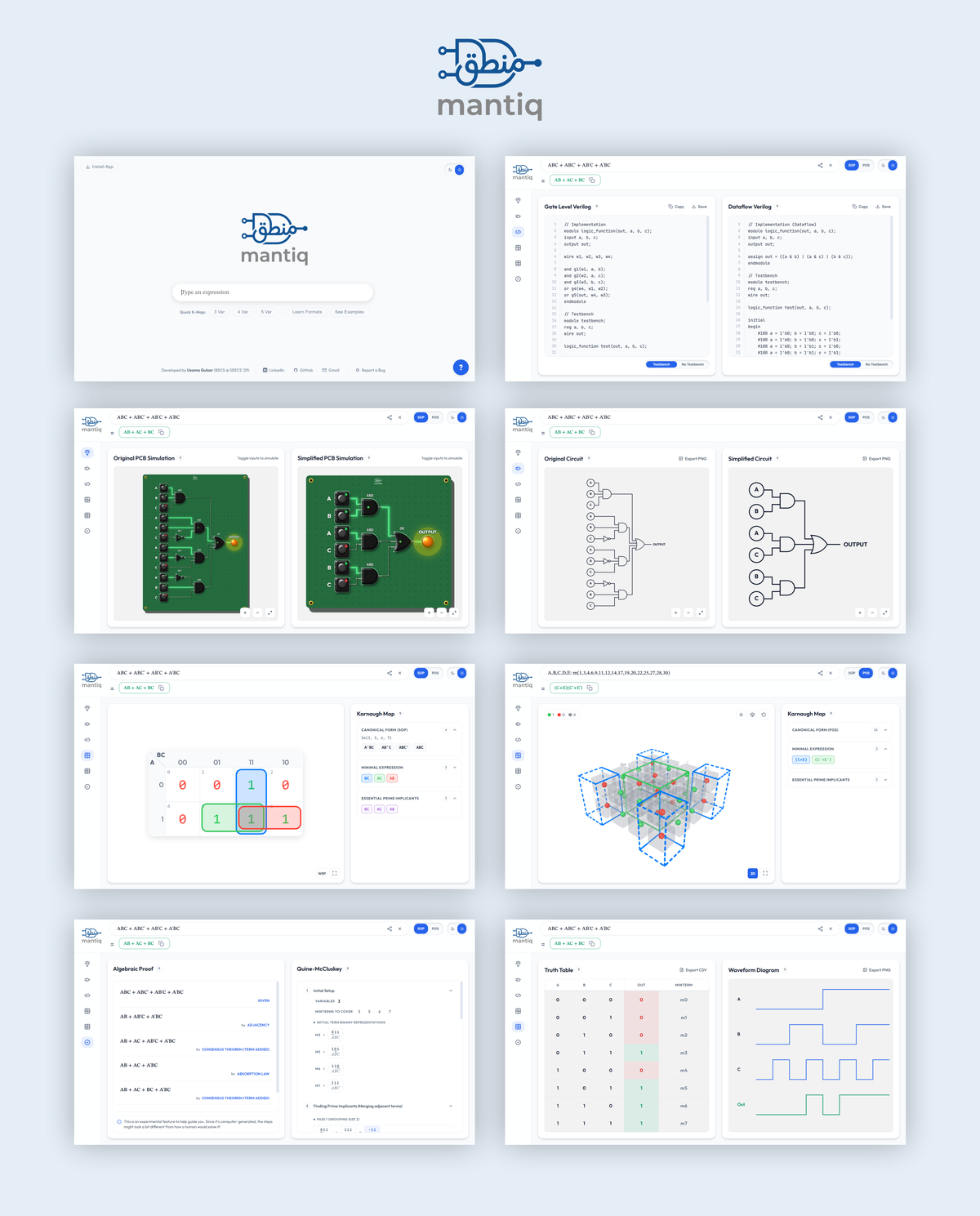 Mantiq app screens showing Verilog output, circuit diagrams, Karnaugh maps and the truth table